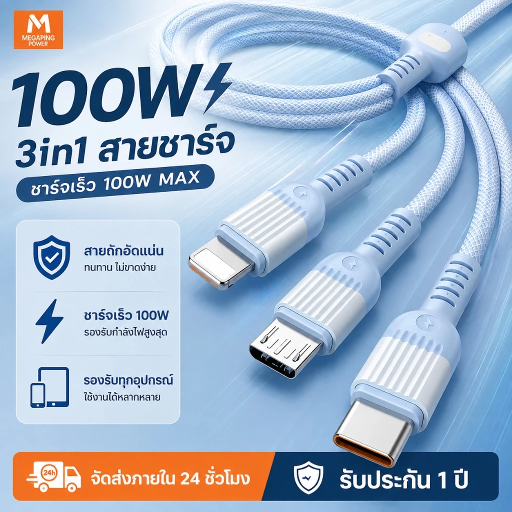 สายชาร์จ 3in1 100W ชาร์จเร็ว USB to Type-C + L + Micro USB สายชาร์จ 3 หัว สำหรับ iPhone Android และอุปกรณ์ Type-C