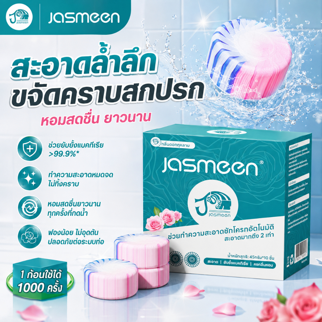 แผ่นดับกลิ่นชักโครก JASMEEN ขนาดใหญ่พิเศษ ผลิตภัณฑ์ดับกลิ่นชักโครกนี้ช่วยขจัดคราบและกลิ่น ลดการเหลือง มีกลิ่นอ่อนๆ ทำควา
