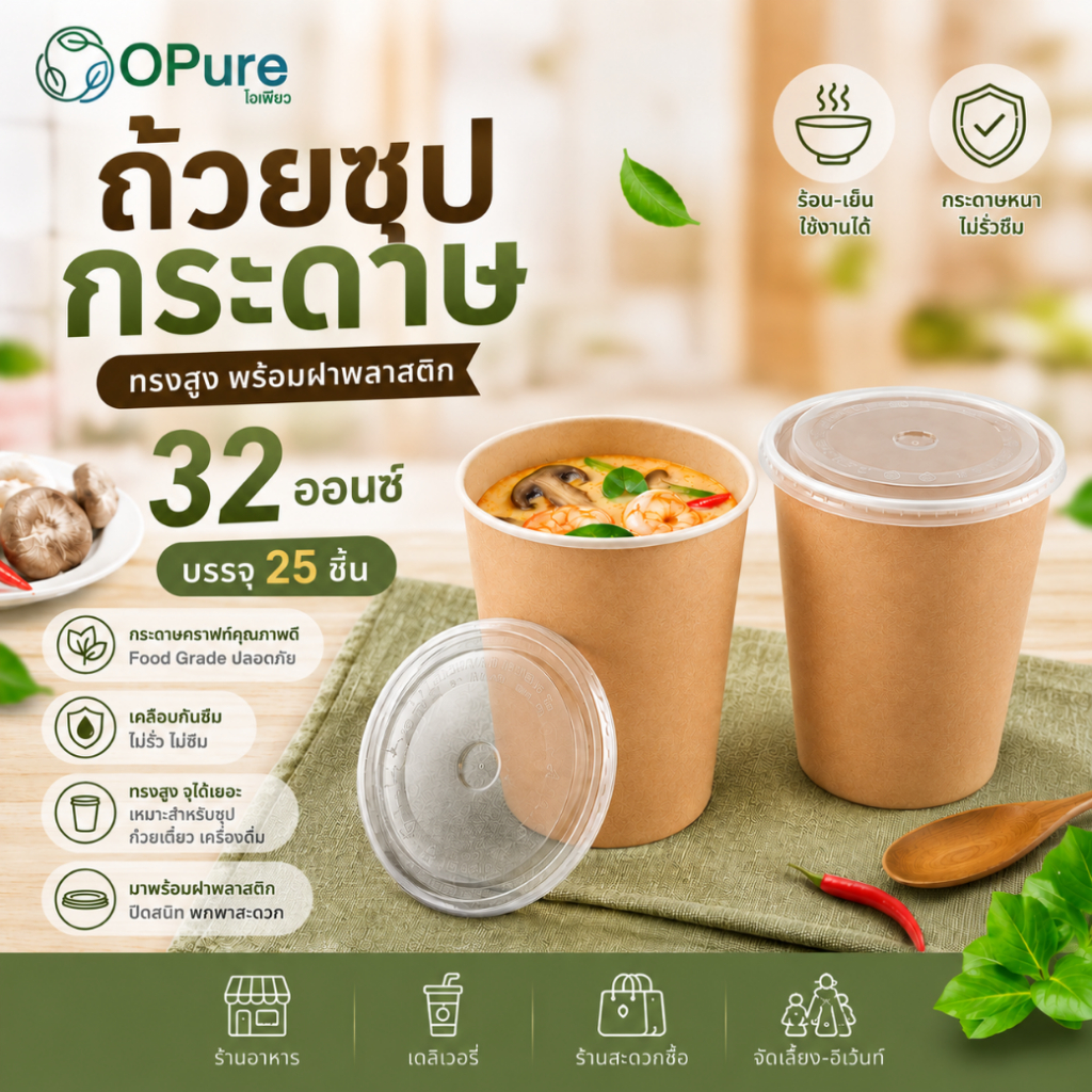 (25 ชิ้น/แพ็ค) ถ้วยอาหารกระดาษ สำหรับใส่ ซุป ขนม ไอศกรีม ขนาด 32 ออนซ์ (สินค้าจำหน่ายพร้อมฝา PP)