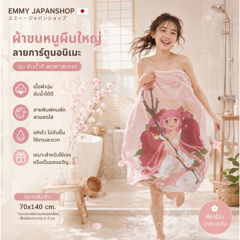 ผ้าขนหนูผืนใหญ่ ลายการ์ตูนอนิเมะ โทนชมพู ผ้าเช็ดตัวลายพิมพ์ สไตล์ญี่ปุ่น D055