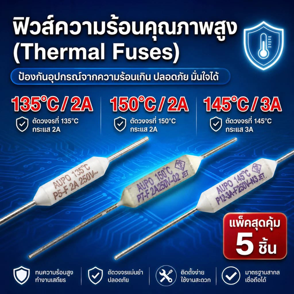 [แพ็ค 5 ชิ้น] ฟิวส์พัดลม Thermal Fuse 135°C / 145°C / 150°C 2A / 3A ฟิวส์หางหนู เซรามิค อะไหล่พัดลม