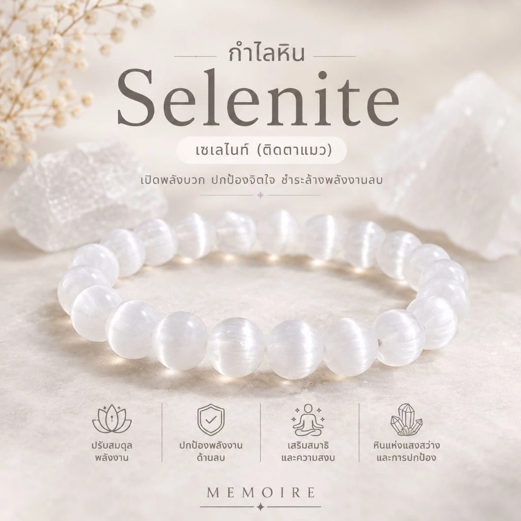 กำไลหิน เซเลไนท์ Selenite แท้ | ประกายตาแมวธรรมชาติ เสริมพลังบวก สงบใจ