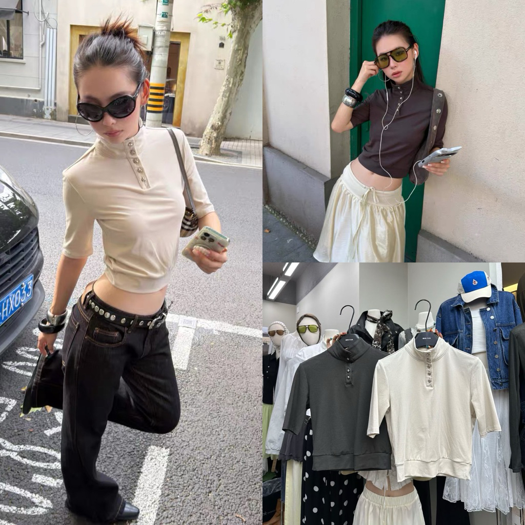[VALEN] 26T592 Button Crop Top เสื้อคอปีน กระดุมหน้า แขนสามส่วนทรงสวย SUUZOUU