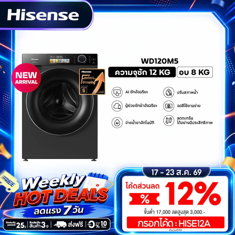 Hisense เครื่องซักผ้าฝาหน้า Inverter ความจุซัก 12kg+อบ 8kg/14kg+อบ9kg l AI Wash สีดำ รุ่น M5