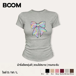 COD เสื้อเบบี้ที Y2K สไตล์เกาหลี แฟชั่น ผู้หญิง พิมพ์ลายโบว์สีรุ้ง แขนสั้น ทรงกระชับ แสดงรูปร่าง ใส่สบาย BOOM