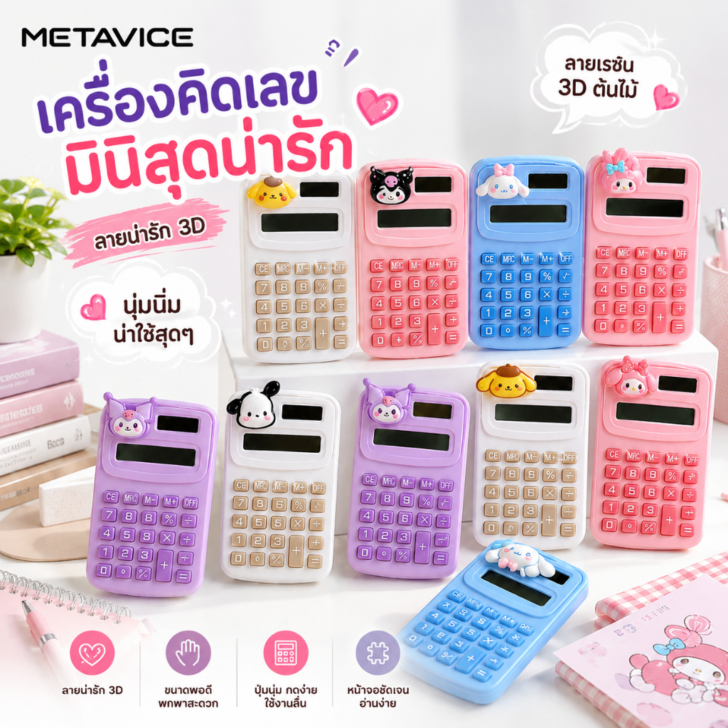 Metavice เครื่องคิดเลขพกพา มินิ น่ารัก สีพาสเทล เครื่องคิดเลขนักเรียน ลายการ์ตูน 3D ปุ่มกดง่าย สำหรับเรียน เครื่องเขียน