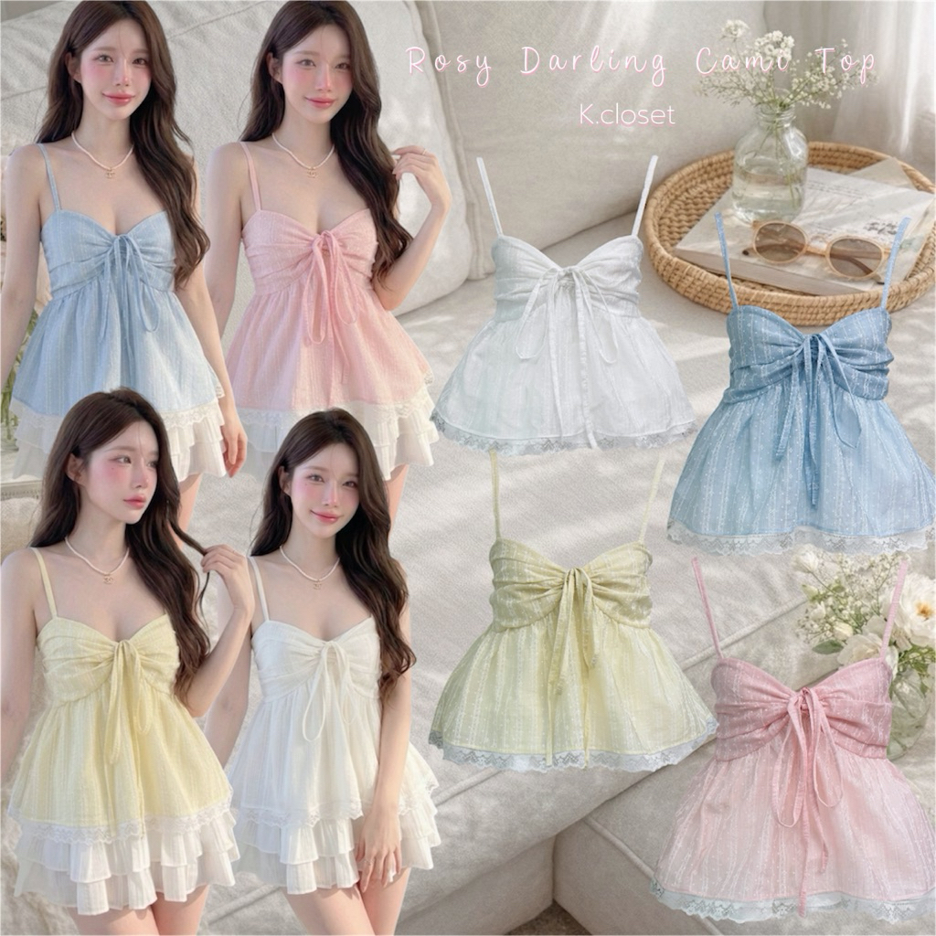 (อก28-36)🎀เสื้อสายเดี่ยวรูดหน้า ผ้าโรซี่พิมพ์ลาย แต่งชายลูกไม้ สไตล์ลูกคุณหนูน่ารัก(เฉพาะเสื้อ)