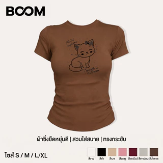 COD เสื้อเบบี้ที baby tee Y2K สไตล์เกาหลี ผู้หญิง พิมพ์ลายแมวโบว์น่ารักข้อความภาษาอังกฤษ แขนสั้น ทรงกระชับ แสดงรูปร่าง