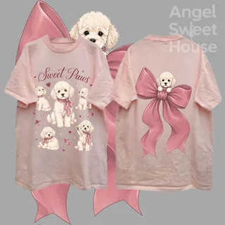 (COD) Angle Official เสื้อยืดผู้หญิงแขนสั้น ทรงหลวม ลายน้องหมากับโบว์ชมพู Sweet Paws สไตล์หวานน่ารัก ผ้านุ่ม ใส่สบาย