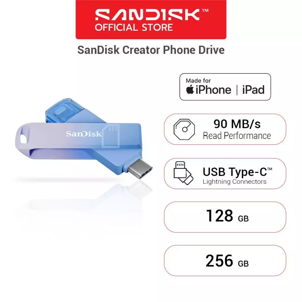 SanDisk Creator Phone Drive - 256GB , 128GB for iPhone , iPad Backup สำรองข้อมูล ( SDIXD0N ) 2Y