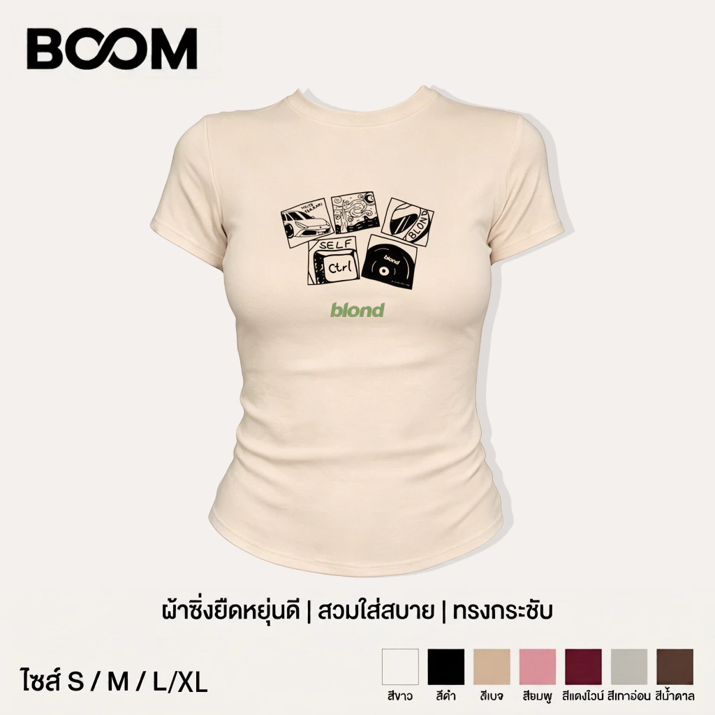 เสื้อเบบี้ที baby tee Y2K สไตล์เกาหลี ผู้หญิง พิมพ์ลายแผ่นเสียงอัลบั้มข้อความภาษาอังกฤษ แขนสั้น ทรงกระชับ แสดงรูปร่าง