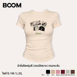 เสื้อเบบี้ที baby tee Y2K สไตล์เกาหลี ผู้หญิง พิมพ์ลายแผ่นเสียงอัลบั้มข้อความภาษาอังกฤษ แขนสั้น ทรงกระชับ แสดงรูปร่าง