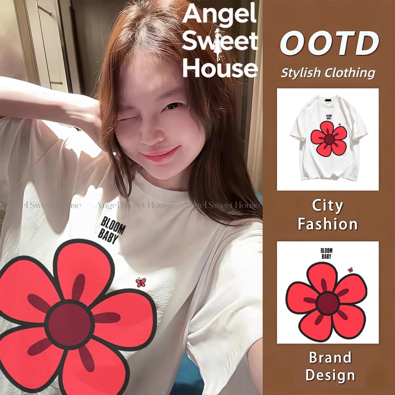 (จัดส่งตลอด 24 ชั่วโมง）Angle Official เสื้อยืดผู้หญิง Oversize เสื้อแขนสั้น สไตล์มินิมอล ใส่สบาย แฟชั่นเกาหลี T49