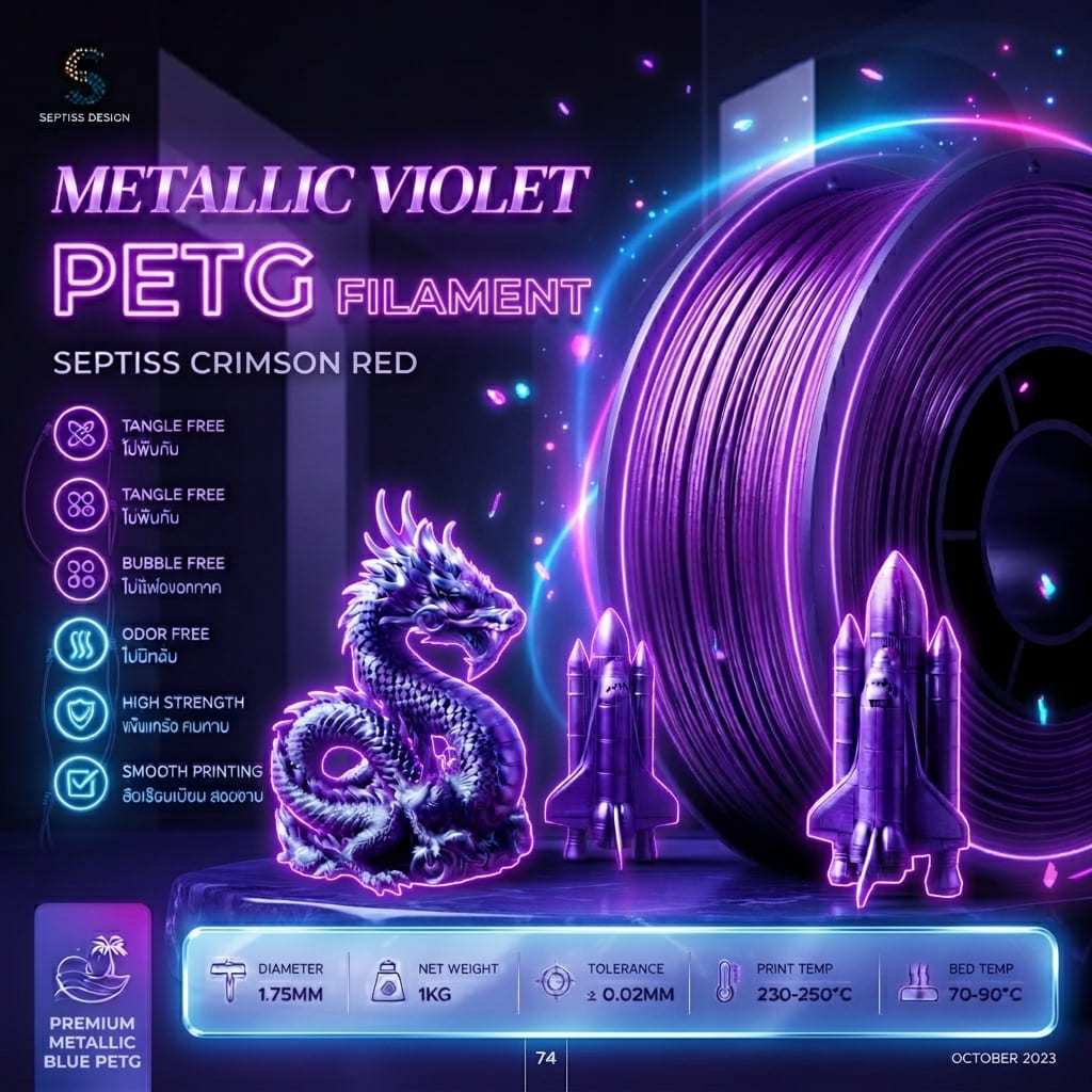 เส้นพลาสติก PETG Metallic Series หลากสีเมทัลลิก พรีเมียม เงางามหรูหรา เหนียว แข็งแรง พิมพ์ลื่น