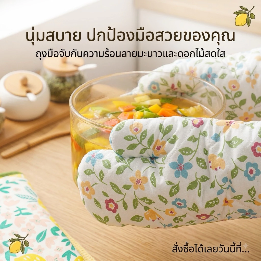 ถุงมือจับของร้อนผลิตจากผ้าฝ้ายชั้นดีสไตล์อังกฤษลายดอกไม้1ชิ้น