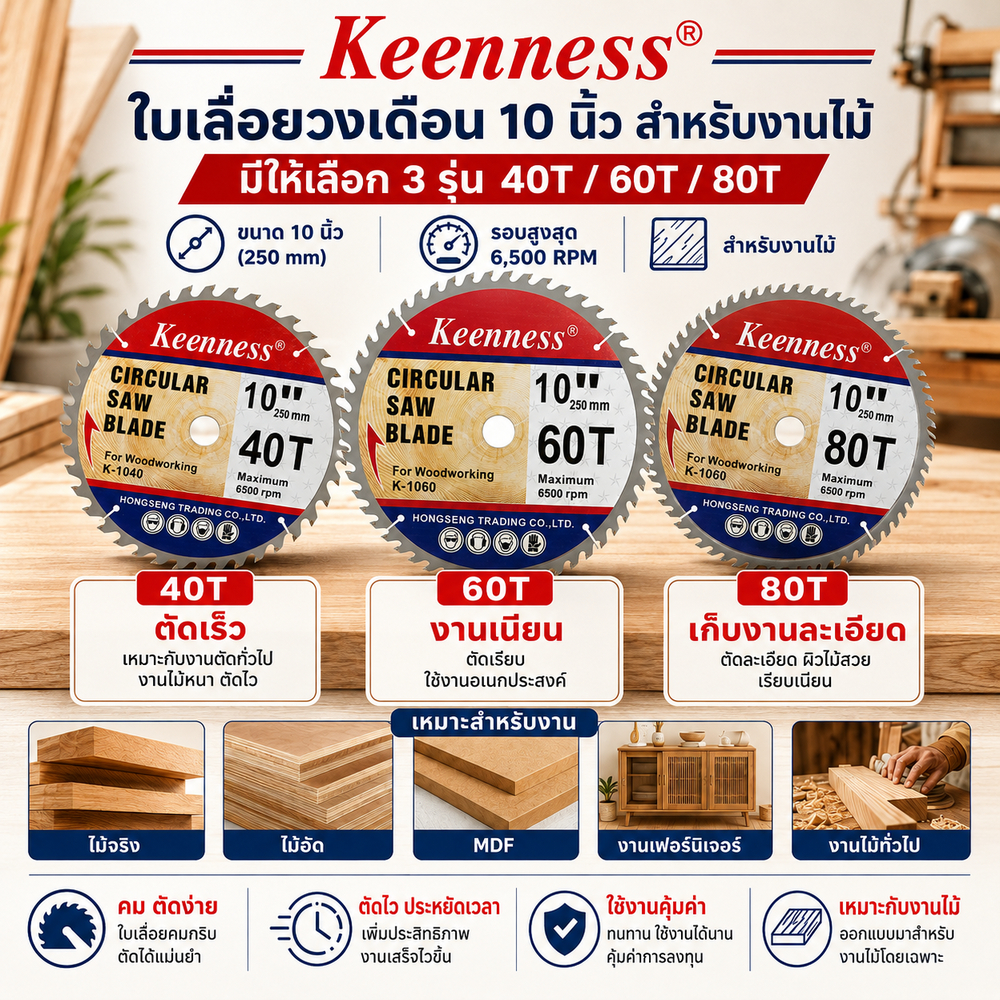 Keenness ใบเลื่อยวงเดือน 10 นิ้ว ฟันคาร์ไบด์ สำหรับตัดไม้ 40T 60T 80T และสำหรับตัดอลูมิเนียม 10 นิ้ว 100T 120T