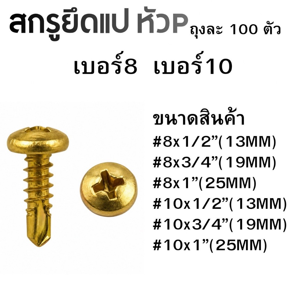 สกรูยึดแปหัว P PT เบอร์8 เบอร์10 100ตัว