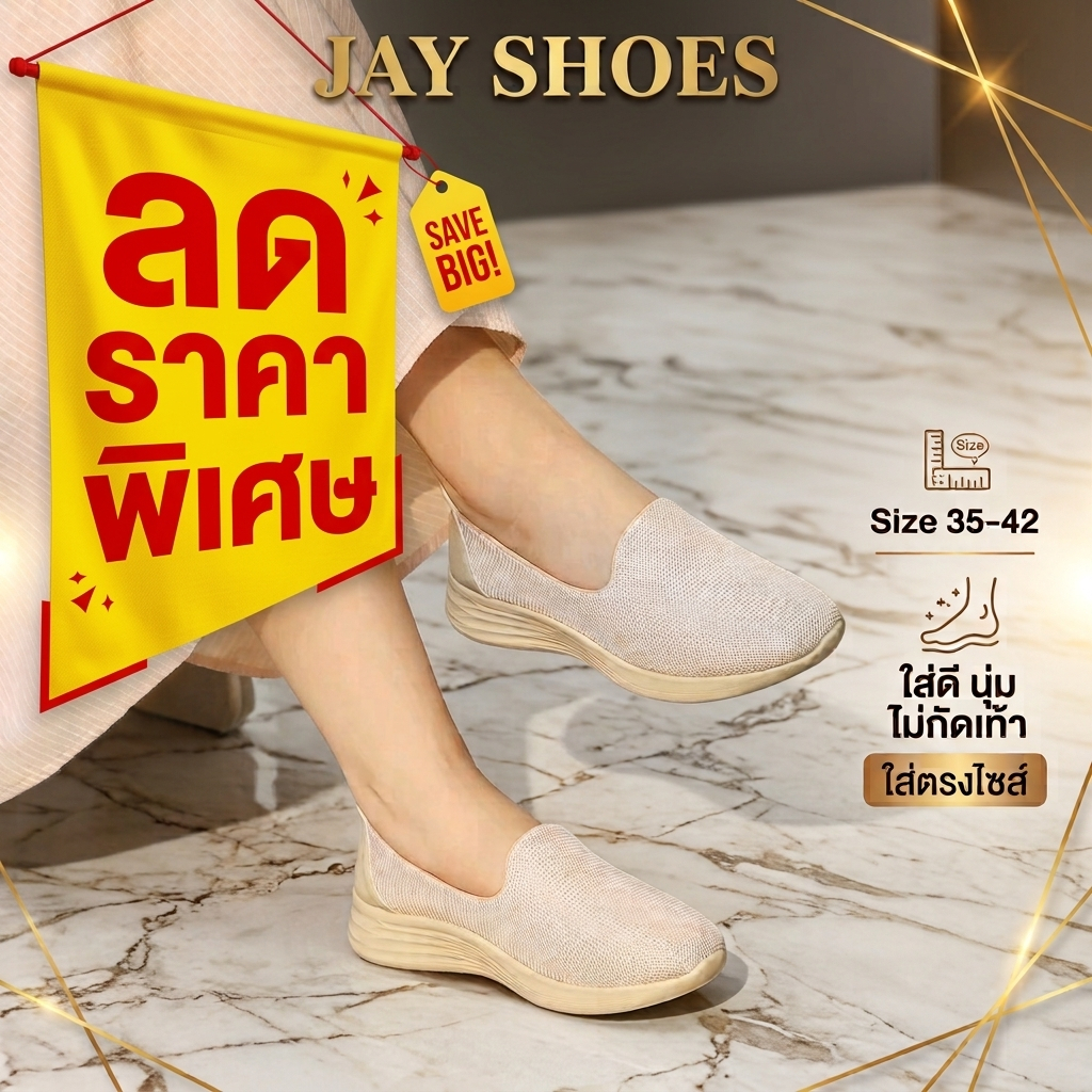Jay Shoes สุดนุ่ม รุ่นใหม่ ทรงสปอร์ต ดีต่อสุขภาพเท้าใส่สบายมากๆ (เท้าปกติใส่ตรงไซส์/เท้าอวบ กว้าง+1)