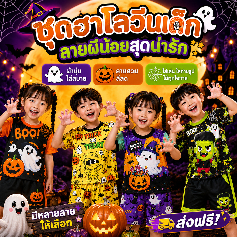 ชุดฮาโลวีนเด็ก เสื้อกางเกง ผ้าไมโคร ลายการ์ตูน Halloween พร้อมส่ง