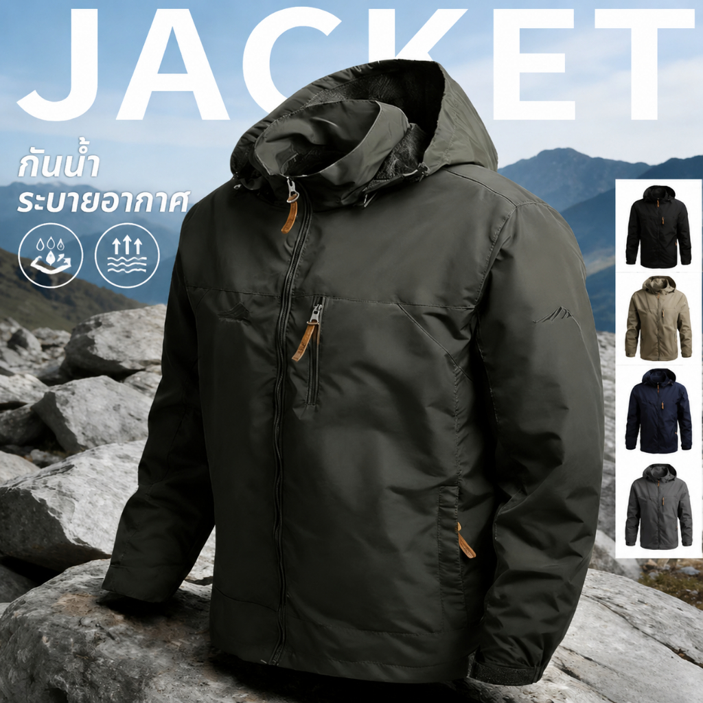 Jacket Hooded เดินป่า แจ็กเก็ตมีฮู้ด กันน้ำ น้ำหนักเบา บางเบา ไม่อึดอัด มีซิปหลายช่องกระเป๋า