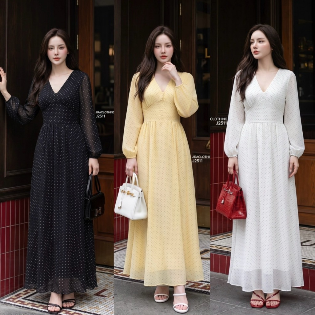 J2511 JiraClothing แม็กซี่เดรสยาวลายจุดลูกคุณหนู