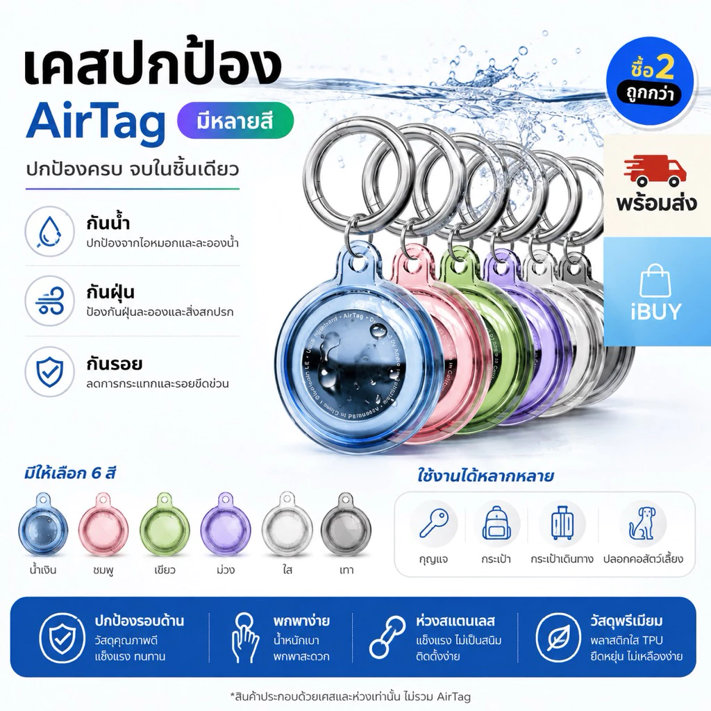 iBUY เคสใส นิ่ม กันน้ำ กันรอย กันฝุ่น สําหรับ Airtag HOCO tag มีพวงกุญแจ