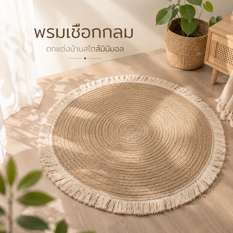 พรมกลมสีกากีขอบขาว 40cm 60cm 100cm พรมปูพื้นกลม เชือกฝ้าย พรมมินิมอลสไตล์ Muji พรมตกแต่งห้อง ขอบพู่ พรมปูห้องนั่งเล่น ห้