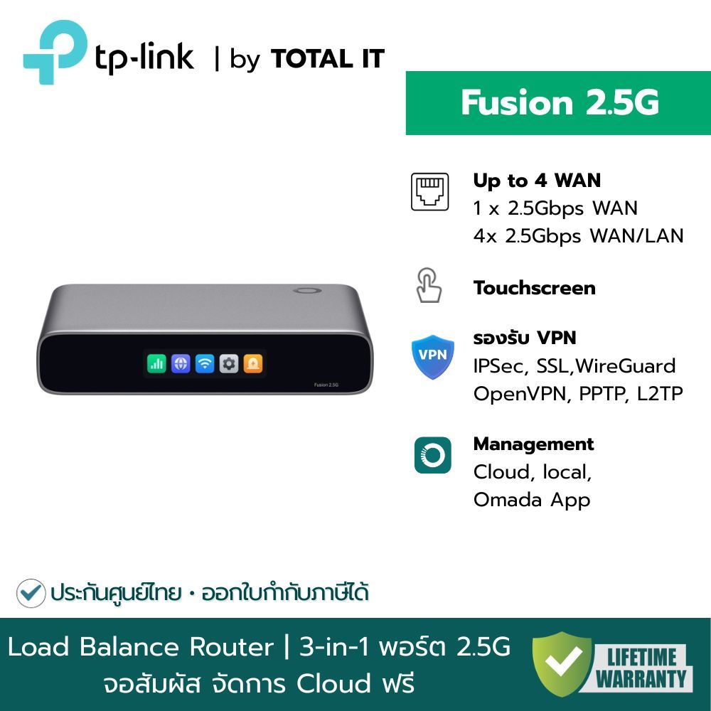 TP-Link Fusion 2.5G Omada Gateway Router รองรับ Load Balance 4-WAN จัดการ 30 อุปกรณ์ จอ Touch Screen