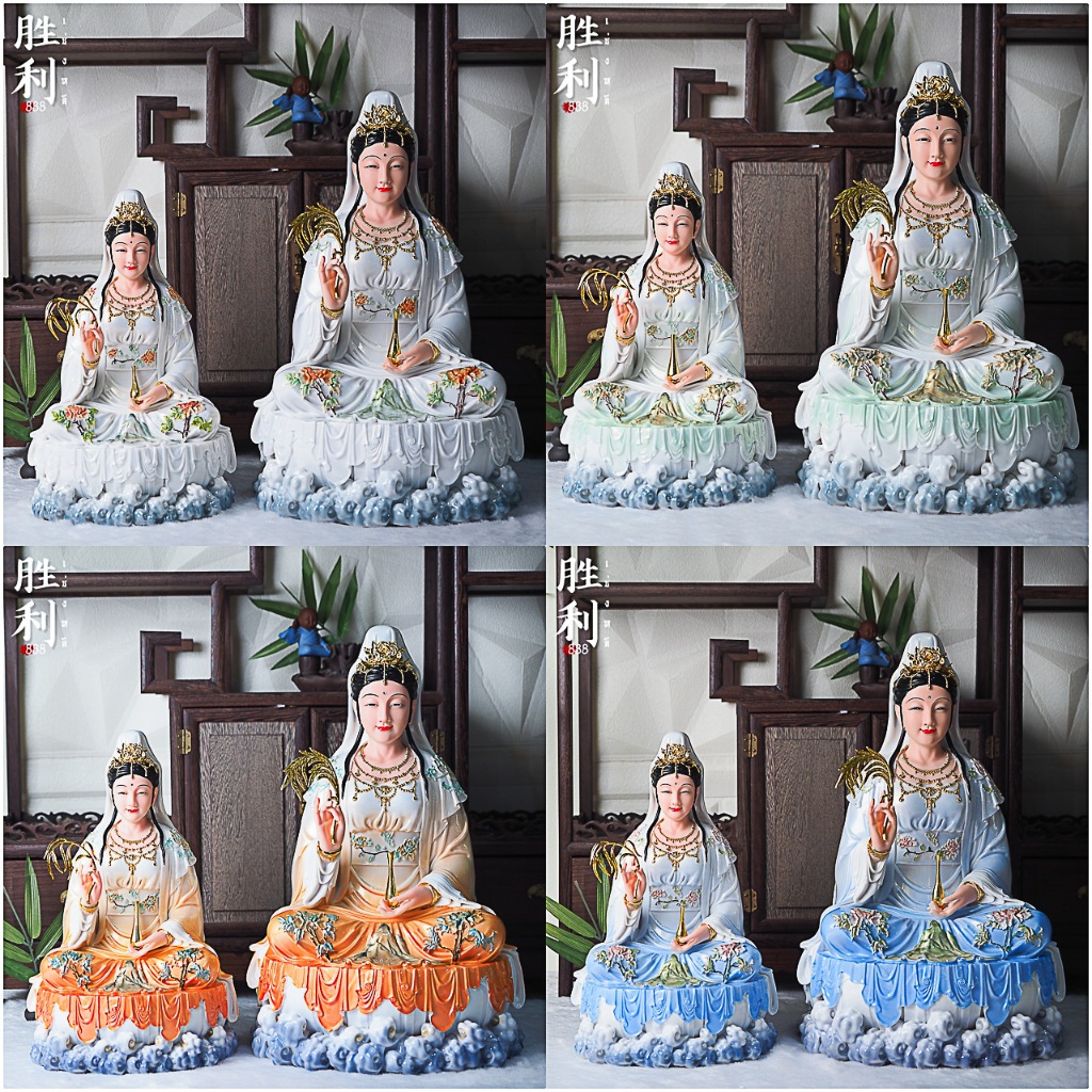 เจ้าแม่กวนอิมนั่ง ประทานพร งานเรซิ่นผสมหิน ชุดขาว/เขียว/ส้ม/ฟ้า มี 3 ขนาด 12/16/19 นิ้ว