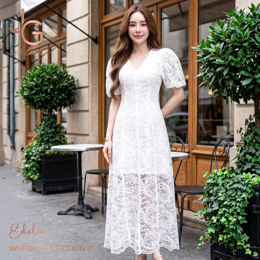Dress Edeline เดรสยาวลูกไม้ ดีไซน์คอวี แขนบอลลูน ทรงเรียบหรู เดรสใส่ออกงาน เดรสสวยราคาถูก แฟชั่นผู้หญิง มีไซส์ S M L XL