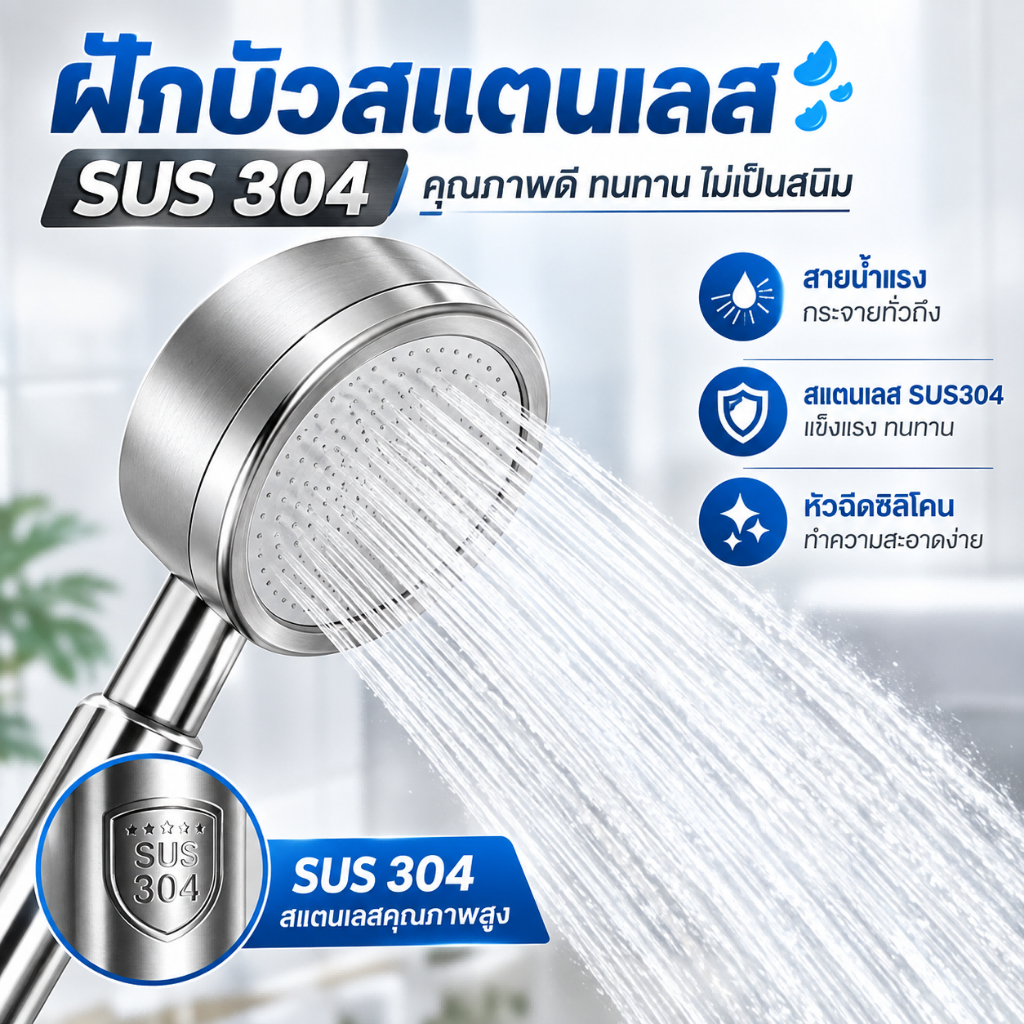 304 แท้ไม่มีสนิม พร้อมสายฝักบัวสแตนเลส ฝักบัวอาบน้ำ ฝักบัวแรงดันสูง สแตนเลส น้ำแรงและนุ่ม ประหยัดน้ำ