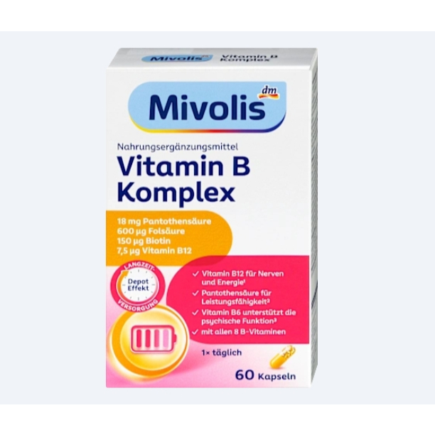แพ็คเกจใหม่ วิตามินบีรวม สูตรพิเศษ ดูดซึมทั้งวัน จากเยอรมัน Mivolis Vitamin B Complex Depot 60เม็ด