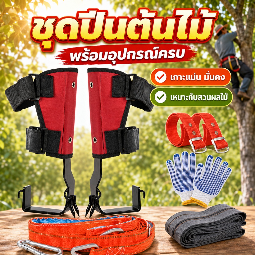อุปกรณ์ปีนต้นไม้ พร้อมสายรัดนิรภัย ตะปูปีนต้นไม้แบบปรับได้ ฟันคู่ แข็งแรง ปลอดภัย Tree Climbing สเตนเลส ใช้เก็บผลไม้ ตัด