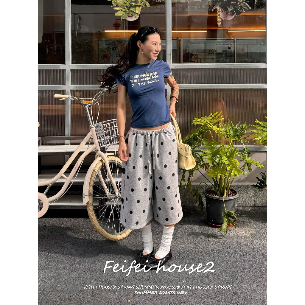 [Feifei-Summer Polka Dot Cropped Pants]กางเกงครึ่งขาลำลองฤดูร้อนสไตล์สตรีทลายจุดทั่วตัวผูกเชือก