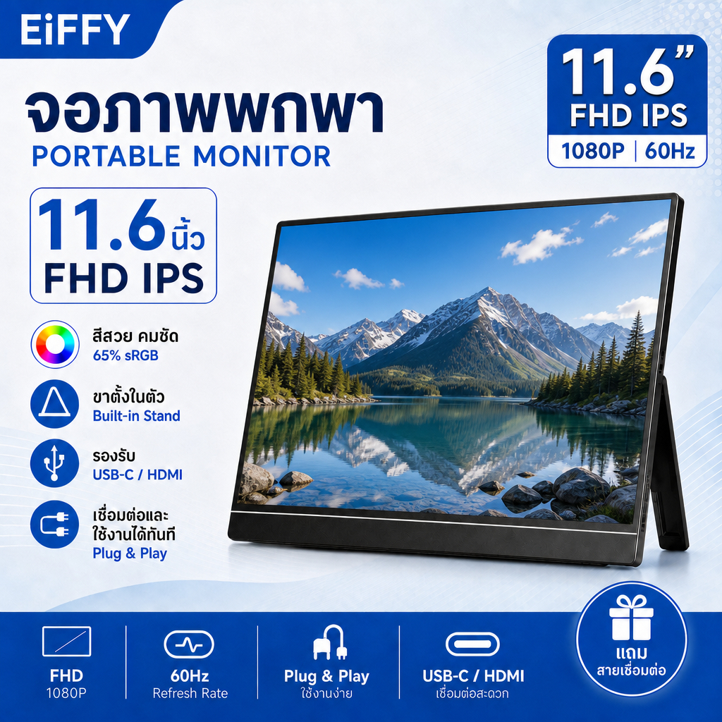 จอพกพา Portable Monitor จอมอนิเตอร์พกพา 11.6 นิ้ว FHD 1080P IPS 60Hz USB-C Mini HDMI ขาตั้งในตัว