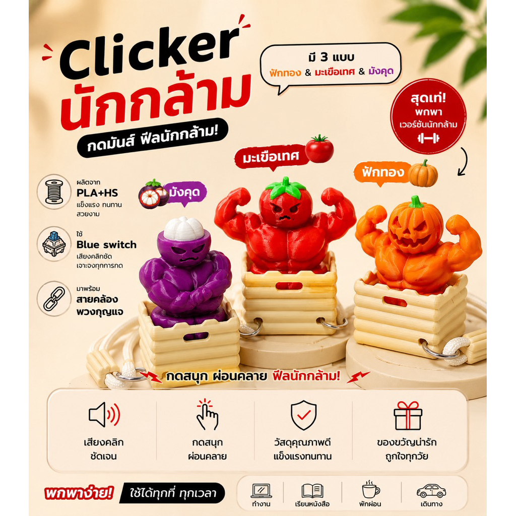 clicker นักกล้าม มะเขือเทศ ฟักทอง มังคุด คลิกเกอร์ของเล่น มาพร้อมสายคล้องพวงกุญแจ ของเล่นปุ่มกด
