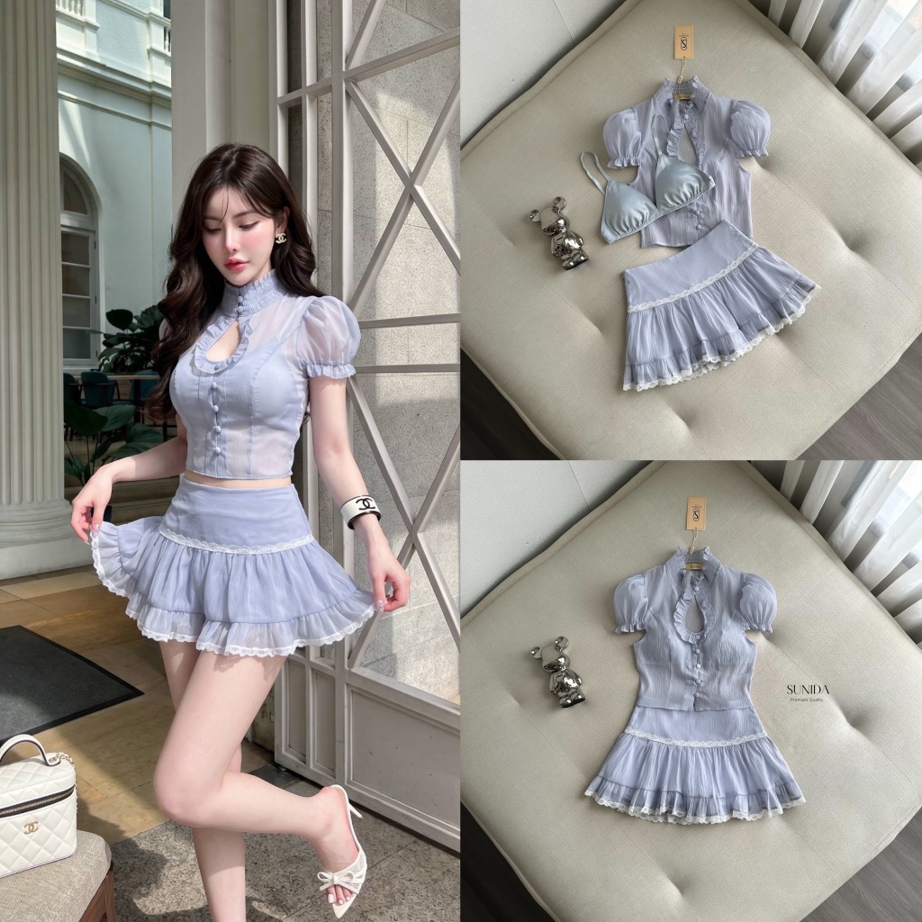 SUNIDA ชุดเซต3 ชิ้น เสื้อสีฟ้าอมเทา+กระโปรง