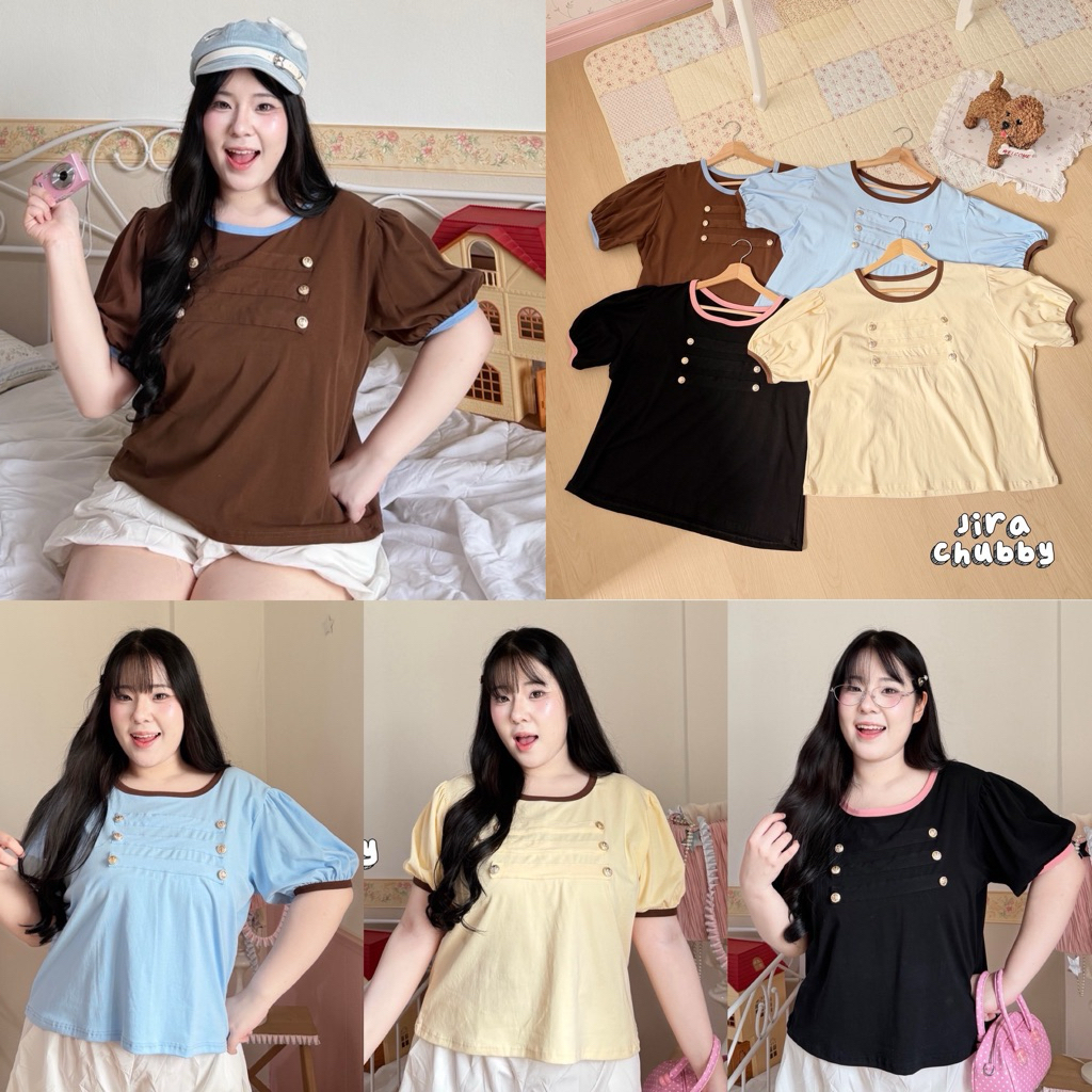 /JR/ เสื้อคอกลมแต่งกุ๊นสลับสี ไซส์อก38-52 แต่งกระดุมสมอเรือ น่ารักมาก #สาวอวบอ้วน พลัสไซส์