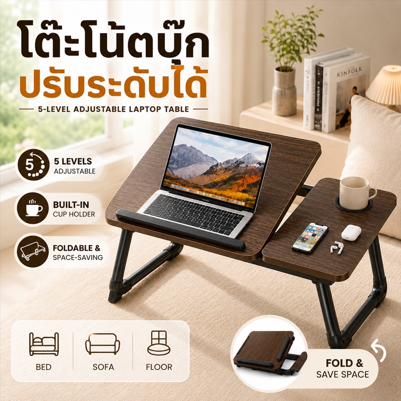 โต๊ะวางโน๊ตบุ๊ค วางคอมพิวเตอร์ โต๊ะพับเขียนหนังสือ อเนกประสงค์ ญี่ปุ่น พับได้ เก็บง่าย 55x32x25 ซม ปรับสูงได้ 5 ระดับ