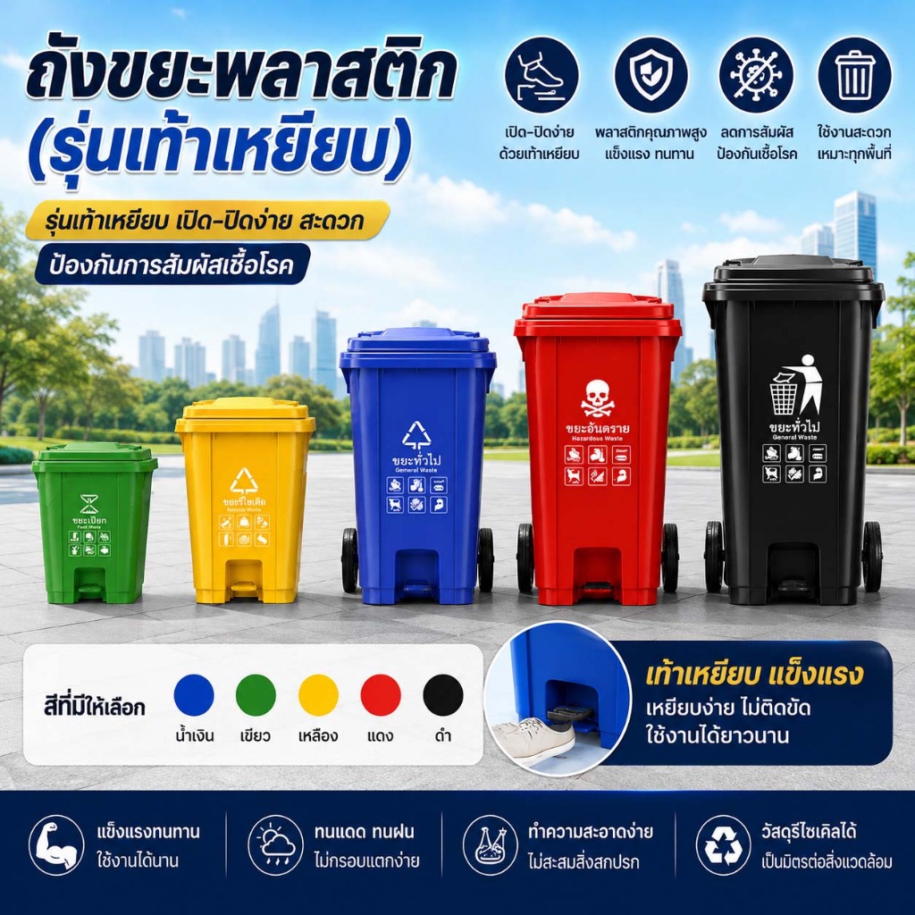 ถังขยะแบบเหยียบ ถังขยะมีล้อและที่เหยียบ ถังขยะพลาสติก ถังขยะ ความจุ 100ลิตร / 120ลิตร  มีล้อ ถังขยะพ