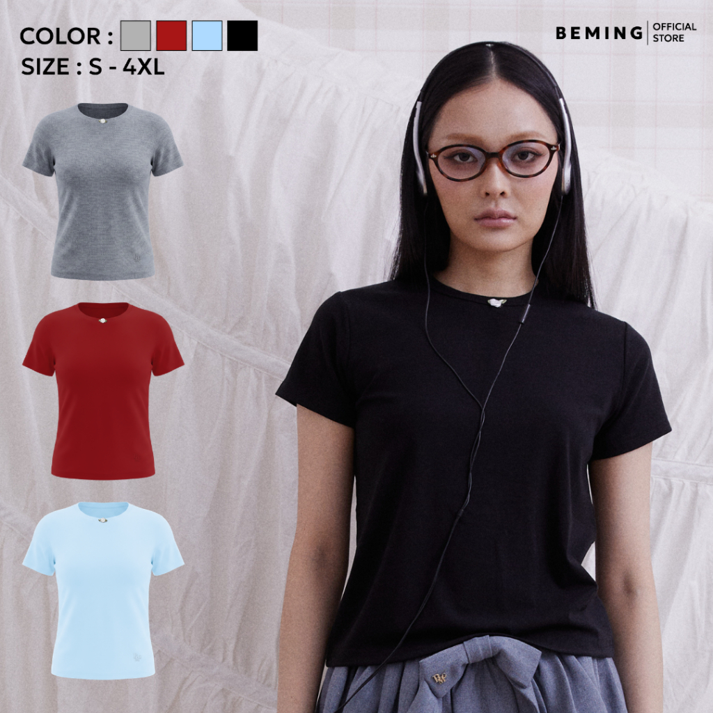 Bemingtop1257(S-4XL) - Basic Tee - เสื้อยืดคอกลมแขนสั้นแต่งดอกไม้เล็กๆที่คอเสื้อ