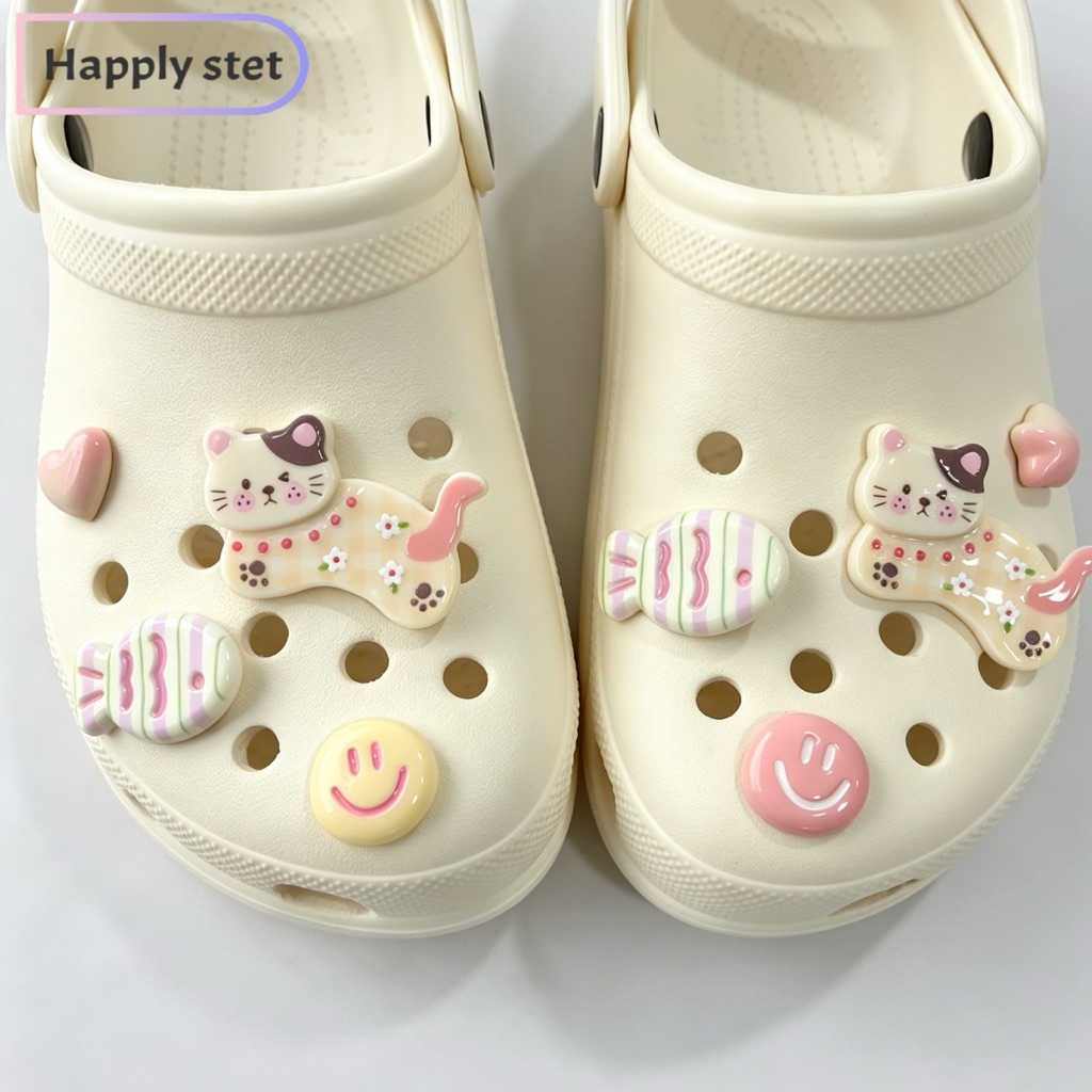 Happystep 12ชิ้น/D4 แมว งานอะคริลิค*เฉพาะตัวติด(พร้อมส่ง ) จิ๊บบิท ตัวติดรองเท้า ชุดตกแต่งรองเท้า