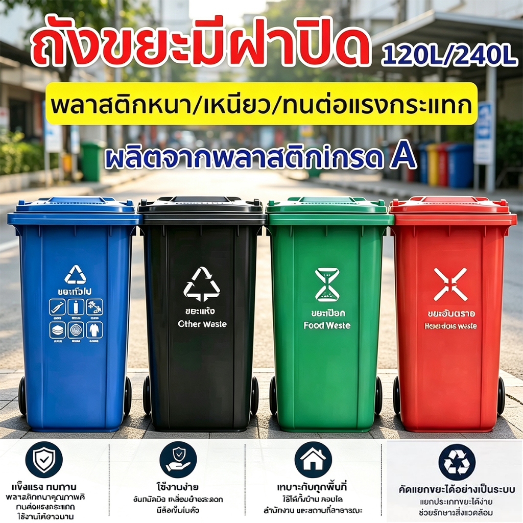 ถังขยะมีฝาปิด ขนาด120L/240L หลายสี ถังขยะพลาสติก พลาสติกหนาอย่างดี ที่แยกขยะ ถังขยะใหญ่ ถังบรรจุขยะ ถังขยะ ถังแยกประเภทข