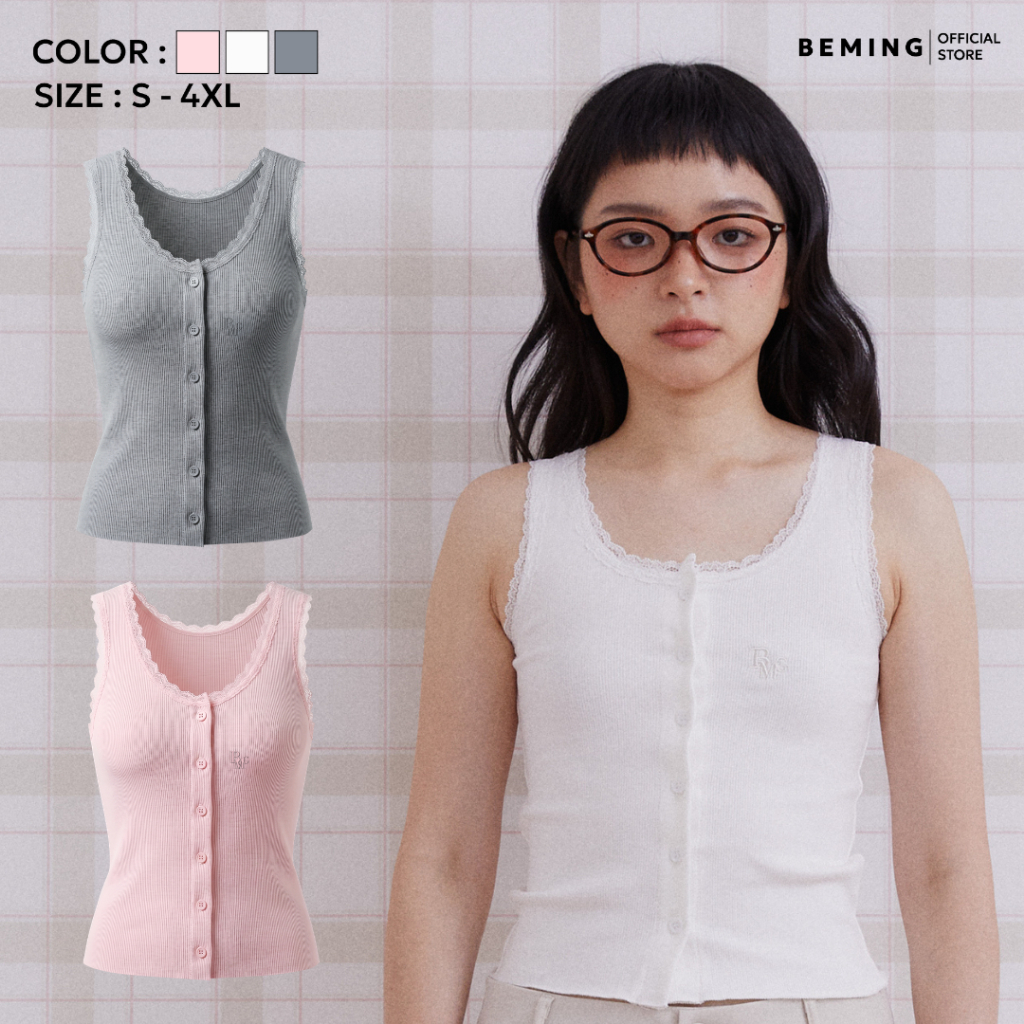 Bemingtop1264(S-4XL) - Mony Top – เสื้อกล้ามผ้าริบแต่งลูกไม้ พร้อมกระดุมหน้าใช้งานได้จริง