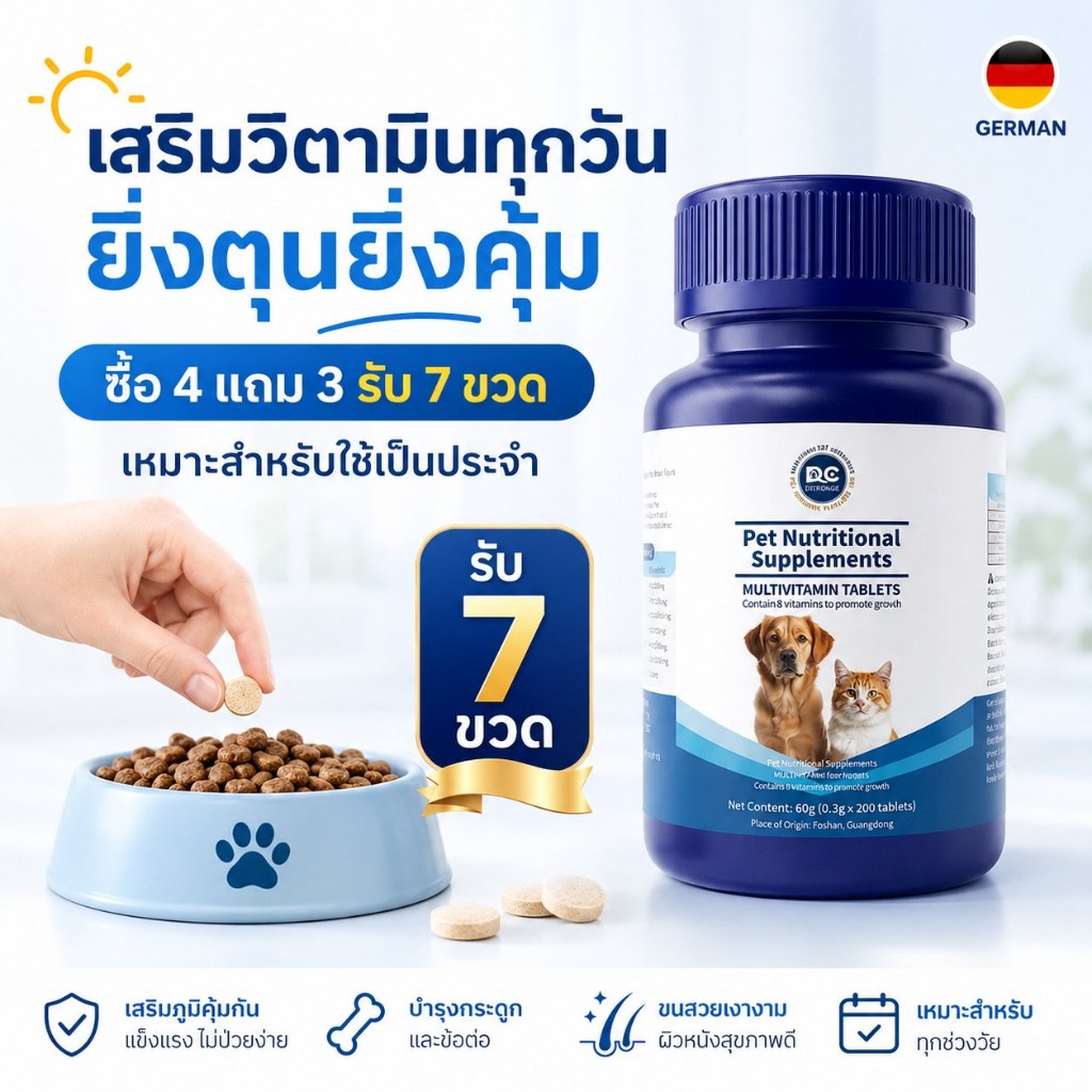 วิตามินดูแลผิวสุนัขแมว 200 เม็ด ซื้อ 4 แถม 3 อาหารเสริมสัตว์เลี้ยง ใช้ได้ทุกวัย