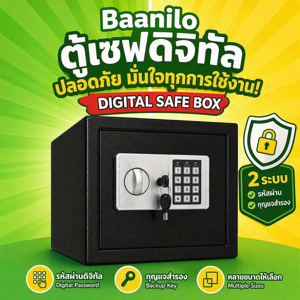 ตู้เซฟดิจิตอล ตู้เซฟใส่รหัส ตู้เซฟเก็บเงิน Digital Safe Box รหัสผ่าน+กุญแจสำรอง เหล็กแข็งแรง มี 5 ขนาด