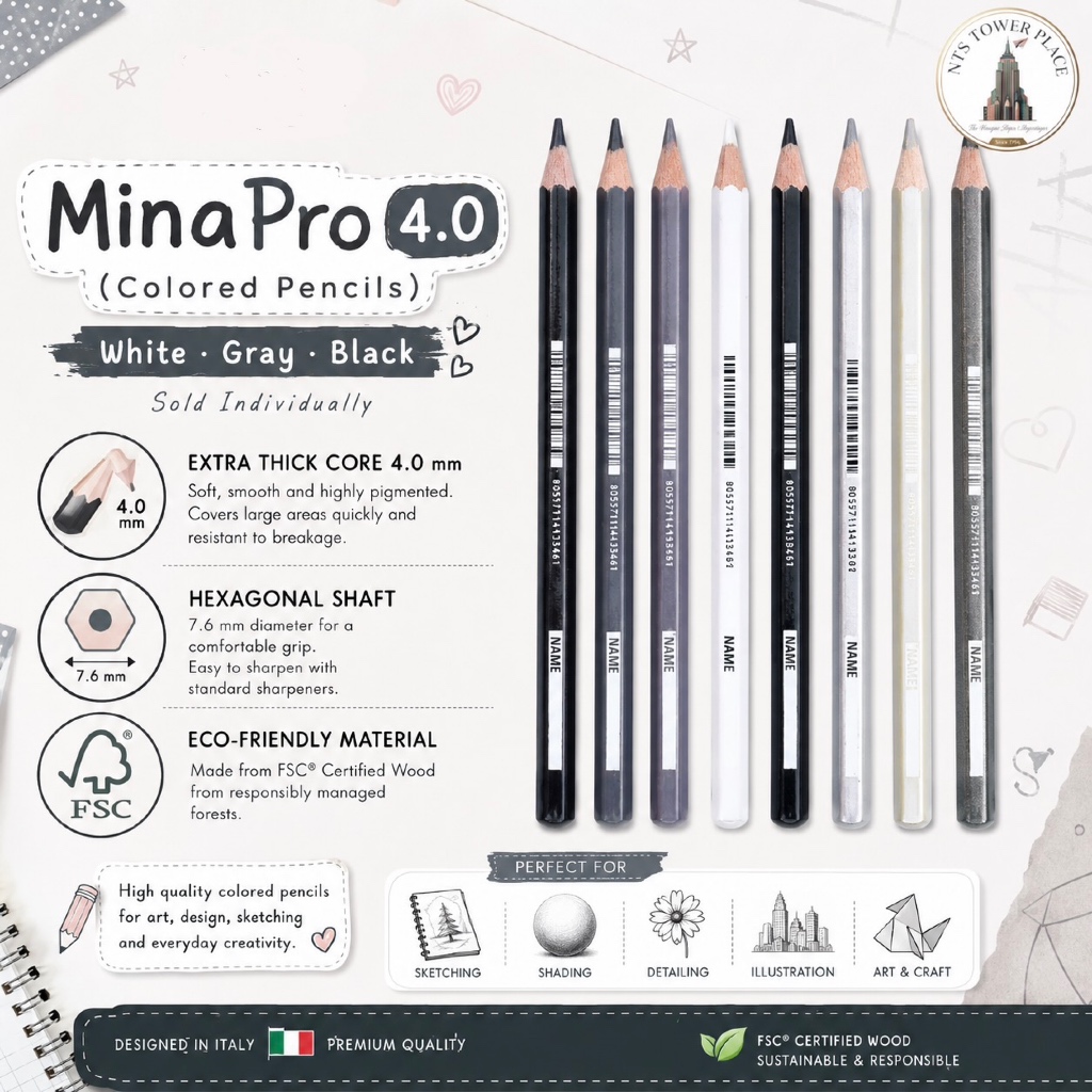 Seven MINA 4.0 Pro ดินสอสีไม้ สีขาว เทา ดำ | แยกแท่ง ระบายนุ่มลื่น