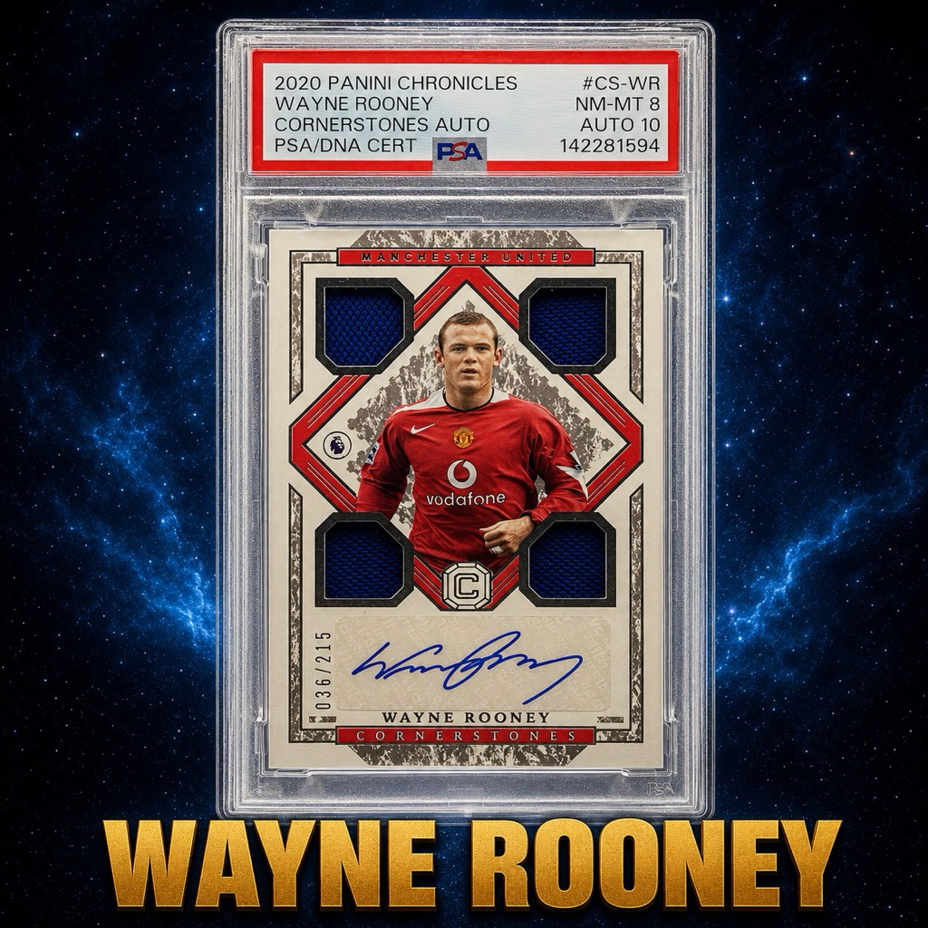 การ์ดลายเซ็นและชิ้นส่วนเสื้อนักฟุตบอล Wayne Rooney Panini 036/215 PSA