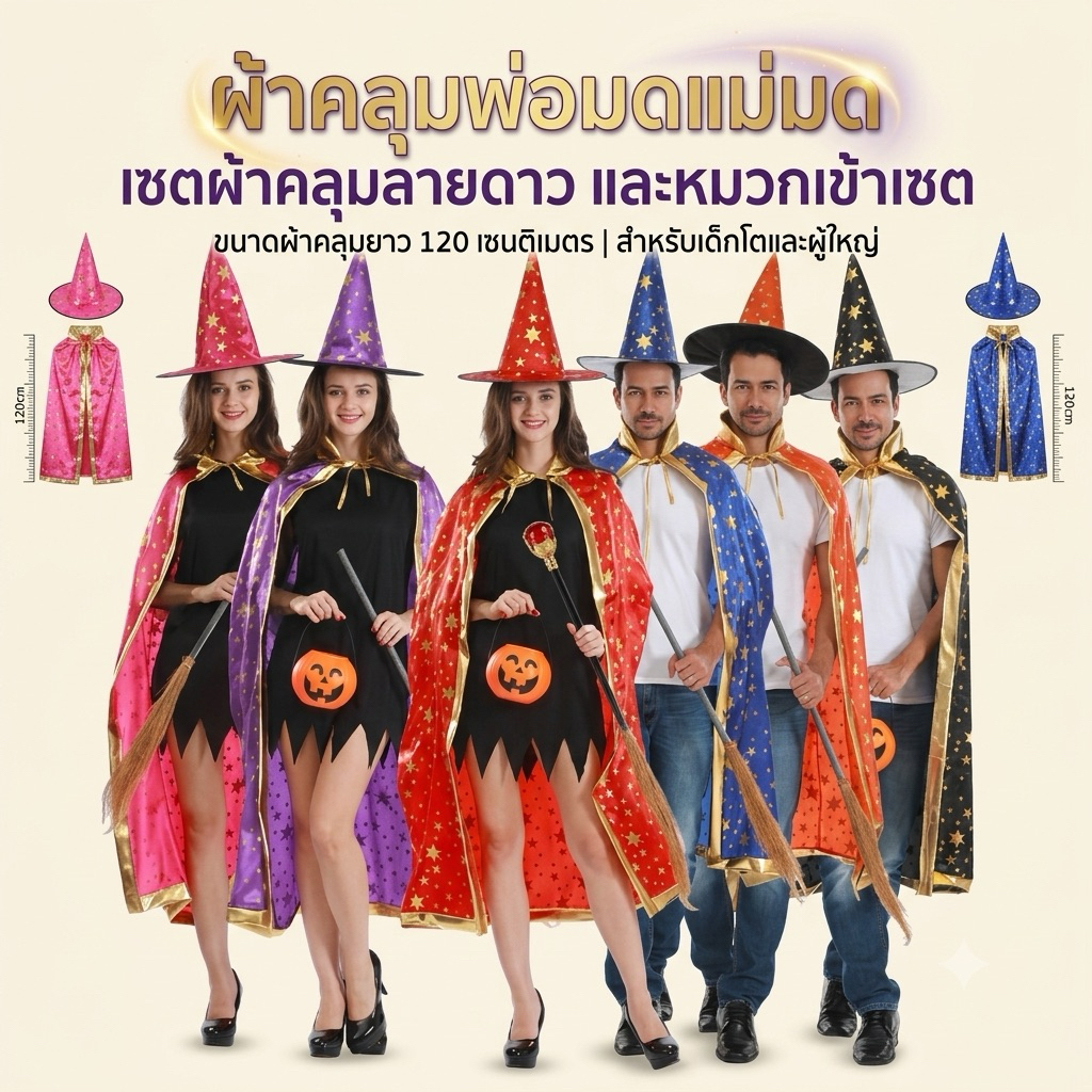 (ยาว120cm.)ส่งไว ชุดแฟนซีแม่มด พ่อมด ได้ทั้งหมวกและผ้าคลุม มี 4สีให้เลือก ชุดฮาโลวีน ชุดพ่อมด ชุดแม่มด คอสเพลแม่มด