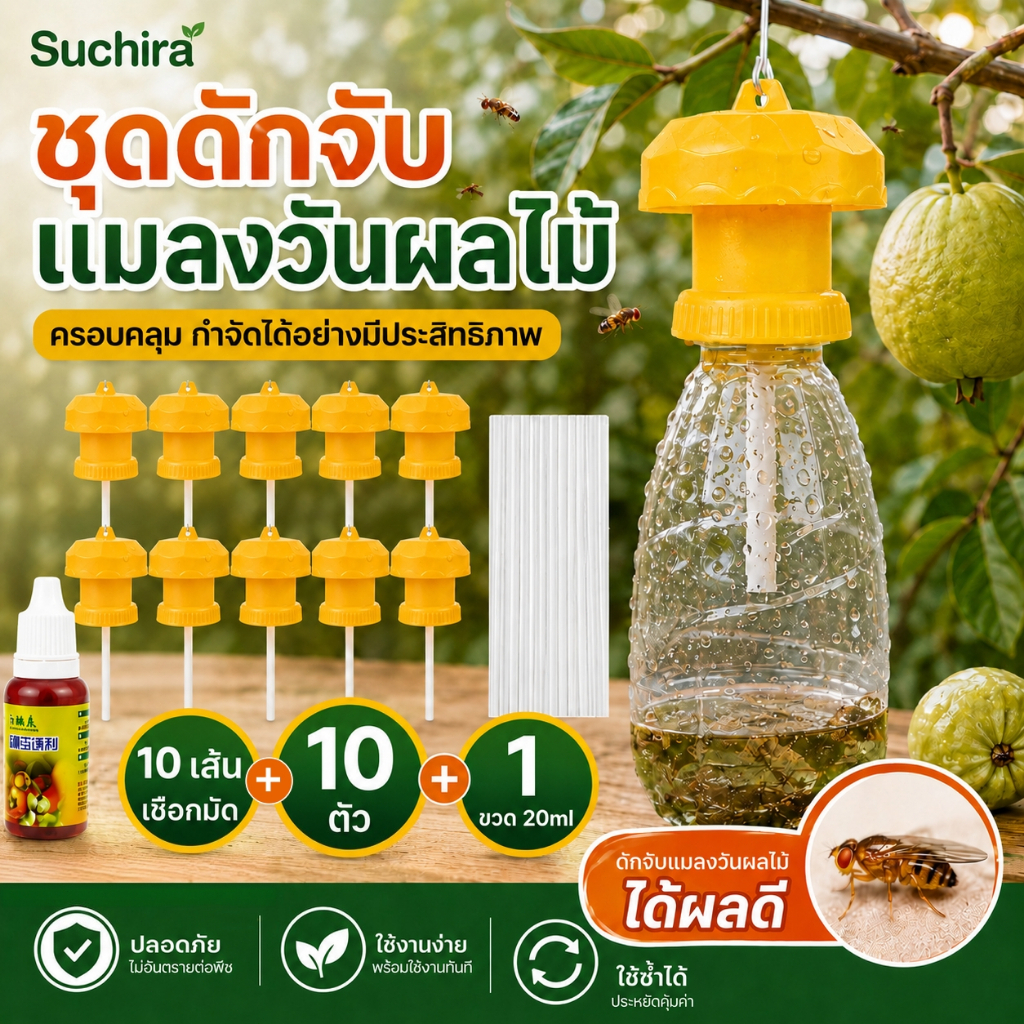 กับดักแมลงวันทอง 10 ชุด แถมสารล่อ 20ml ใช้ซ้ำได้ ดักแมลงวันทองผลไม้ เหมาะปลูกพริก มะเขือ สวนผลไม้ โรงเรือน ไม่รวมขวดพลาส